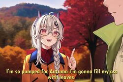  1boy ahoge blurry blurry_background braid day english_text fangs female glasses grey_hair horns indie_virtual_youtuber neon_genesis_evangelion open_mouth outdoors profanity red_eyes saruei saruei_(vtuber) scar scar_across_eye subtitled sweatdrop teeth tongue tree upper_body virtual_youtuber 