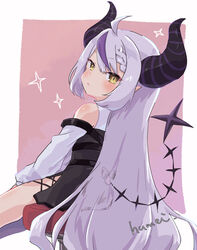  ahoge black_dress braid detached_sleeves dress female grey_hair hololive horns kyou_fumei la+_darknesss la+_darknesss_(1st_costume) long_hair looking_at_viewer looking_back multicolored_hair pinafore_dress pointy_ears purple_hair sidelocks single_braid sleeveless sleeveless_dress streaked_hair tail very_long_hair virtual_youtuber white_sleeves yellow_eyes 