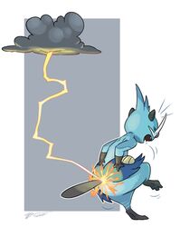  ambiguous_gender ass blue_body blue_fur burning butt_on_fire closed_eyes cloud dewott digital_drawing_(artwork) digital_media_(artwork) electricity fire fur game_freak generation_5_pokemon hand_on_butt lightning monobutt nintendo open_mouth pain pokemon pokemon_(species) shaded solo tail twarda8 