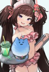  :3 absurdres animal_ears bikini blue_archive breasts brown_hair cleavage fake_animal_ears female flower food frilled_bikini frills from_above hair_flower hair_ornament hair_ribbon halo halterneck highleg highleg_bikini highres holding holding_food holding_paper kanzashi long_hair looking_at_viewer navel official_alternate_costume open_mouth paper pink_bikini pink_halo purple_eyes ribbon shaved_ice shizuko_(blue_archive) shizuko_(swimsuit)_(blue_archive) simple_background small_breasts solo standing stomach swimsuit teruriu twintails white_background white_headdress 