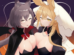  2girls animal_ear_fluff animal_ears arknights black_cape black_leotard black_wings blonde_hair bow breast_press breasts brooch brown_eyes cape cleavage closed_mouth commentary_request dorothy_(arknights) dorothy_(hand_of_destiny)_(arknights) dr.lamina grey_hair highres jewelry large_breasts leotard long_hair multiple_girls necklace pearl_necklace penance_(arknights) puffy_sleeves red_bow shrug_(clothing) smile strapless strapless_leotard symmetrical_docking take_your_pick upper_body veil very_long_hair wings 