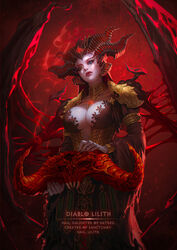  absurdres breasts cleavage cleavage_cutout clothing_cutout demon demon_girl demon_horns demon_wings diablo diablo_(series) diablo_4 female highres honey_brush horns huge_horns lilith_(diablo) long_horns pendant_choker simple_background skull spiked_pauldrons wings 