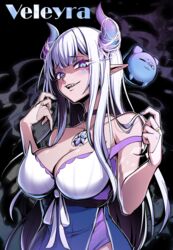  bare_shoulders black_choker blue_eyes blue_horns blue_nails breasts bridal_gauntlets character_name choker cleavage collarbone commission dress ebiblue facial_mark female gradient_horns highres horns jewelry large_breasts long_hair multicolored_clothes multicolored_dress multicolored_horns necklace original parted_lips pixiv_commission pointy_ears purple_horns solo strap_slip teeth upper_teeth_only white_hair 