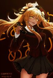  arm_up artist_name blazer blonde_hair breasts card cowboy_shot dated fangs female firekiss frilled_sleeves frills gradient_background grey_skirt hair_ribbon highres holding holding_card jacket kakegurui looking_at_viewer medium_breasts mixed-language_commentary neck_ribbon open_mouth playing_card pleated_skirt red_background red_jacket ribbon saotome_mary school_uniform shirt simple_background skirt smile solo teeth twintails uniform white_shirt yellow_eyes 