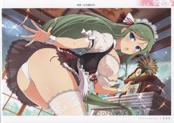  absurdres apron ass blue_eyes blush breasts day dress duster female fuga_(senran_kagura) green_hair highres holding indoors large_breasts long_hair looking_at_viewer maid maid_headdress mole mole_under_eye official_art open_mouth page_number panties puffy_short_sleeves puffy_sleeves scan see-through senran_kagura senran_kagura_new_link shiny_skin short_dress short_sleeves skirt solo thighhighs thighs underwear white_panties window wrist_cuffs yaegashi_nan 