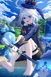  :d absurdres ahoge asymmetrical_gloves barefoot black_gloves black_shorts blue_eyes blue_hair blue_headwear blue_jacket blue_sky cloud commentary_request day female furina_(genshin_impact) genshin_impact gentilhomme_usher gloves grass hat highres holding holding_scepter jacket knees_up long_sleeves looking_at_viewer mademoiselle_crabaletta mismatched_gloves outdoors scepter short_hair short_shorts shorts sitting sky skym_(kumei) smile splendor_of_tranquil_waters_(genshin_impact) surintendante_chevalmarin thigh_strap thighs top_hat tree white_gloves 