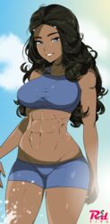  abs artist_name avatar:_the_last_airbender avatar_legends black_hair blue_eyes blue_shorts blue_sky blue_sports_bra breasts cloud collarbone commentary cowboy_shot dark-skinned_female dark_skin eyelashes female highres katara large_breasts long_hair looking_at_viewer navel r3dfive shorts skin_tight sky smile solo sports_bra standing teeth 