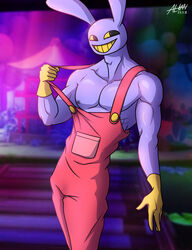  absurd_res alkan anthro clothed clothing fur glitch_productions gloves handwear hi_res jax_(tadc) lagomorph leporid male mammal moobs muscular muscular_anthro muscular_male nipples open_nipple_clothing overalls overalls_only pecs pink_clothing purple_body purple_fur rabbit smile solo teeth the_amazing_digital_circus yellow_clothing yellow_eyes yellow_gloves yellow_handwear yellow_teeth 