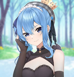  alternate_costume beret black_gloves black_ribbon blue_brooch blue_choker blue_eyes blue_hair blue_ribbon blurry blurry_background breasts choker cleavage_cutout clothing_cutout commission crown elbow_gloves female fingerless_gloves gloves grey_hat hair_ribbon hand_in_own_hair hat highres hololive hoshimachi_suisei kaiend maid_headdress plaid_headwear ribbon solo star_(symbol) star_choker star_in_eye symbol_in_eye tree upper_body virtual_youtuber 