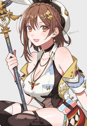  atelier_(series) atelier_ryza atelier_ryza_3 braid breasts brown_eyes brown_hair choker earrings female gloves hair_ornament hat highres jewelry large_breasts looking_at_viewer necklace peach11_01 red_shorts reisalin_stout short_hair short_shorts shorts smile solo star_(symbol) thighhighs thighs white_hat 