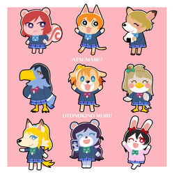  1:1 accipitrid accipitriform animal_crossing anthro avian bear bird blonde_hair bovid canid canine canis caprine card clothing digital_drawing_(artwork) digital_media_(artwork) domestic_cat domestic_dog eagle eli_ayase felid feline felis female fortune_telling fox giant_panda goat group hair hanayo_koizumi happy hi_res honoka_kousaka japanese_text kotori_minami kou7303 lagomorph leporid love_live! love_live!_school_idol_project maki_nishikino mammal nico_yazawa nintendo nozomi_toujou open_mouth pink_clothing pink_sweater pink_topwear rabbit raised_arms red_hair rin_hoshizora rodent school_uniform sciurid shaded simple_background simple_shading sweater tail tarot tarot_card text topwear tree_squirrel umi_sonoda uniform 