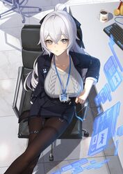  black_jacket black_pantyhose black_skirt blazer breasts bronya_zaychik bronya_zaychik_(outstanding_attitude)_(honkai_impact) bronya_zaychik_(silverwing:_n-ex) cable_knit chair commentary computer_keyboard crossed_bangs drill_hair female from_above grey_eyes grey_hair grey_sweater highres holographic_interface honkai_(series) honkai_impact_3rd id_card jacket large_breasts long_hair long_sleeves looking_at_viewer looking_up meda office_chair office_lady official_alternate_costume pantyhose parted_lips pencil_skirt pink_pupils sitting skirt solo sweater swivel_chair thigh_strap thighband_pantyhose twin_drills very_long_hair 