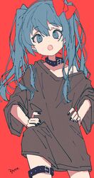  3774. artist_name belt belt_collar black_collar black_nails blue_eyes blue_hair bow brown_shirt collar collarbone cowboy_shot female hairbow hands_on_own_hips hatsune_miku highres long_hair looking_at_viewer naked_shirt oerba_yun_fang off_shoulder open_mouth red_background red_bow shirt simple_background skin_fang solo thigh_belt thigh_strap twintails vocaloid wide_sleeves 