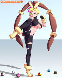  1girls ass blonde_hair breasts bunny_ears bunny_tail cameltoe cleavage cosplay curvy earrings fast_ball female female_only fighting_pose great_ball green_eyes human large_ass large_breasts leg_up looking_at_viewer lopunny lopunny_(cosplay) love_ball luxury_ball mega_lopunny_(cosplay) one_leg_up original_character patreon paws pokeball pokemon pokemon_(cosplay) pokemon_dppt premier_ball purple_hair reit roxy_(reit) short_hair smile solo spread_legs standing text timer_ball torn_pantyhose underboob url watermark 