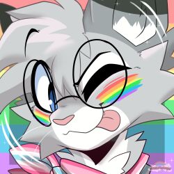  1:1 absurd_res anthro blep blue_eyes bodypaint clothed clothing digital_media_(artwork) dipstick_ears domestic_cat ear_markings egyptian_mau eyewear face_paint felid feline felis femboy_pride_colors fur glasses grey_body hair hi_res kerchief lgbt_pride lgbt_pride_month looking_at_viewer male mammal markings multicolored_ears neckerchief neckwear nixuelle one_eye_closed pink_nose pride_color_accessory pride_color_background pride_color_clothing pride_colors rainbow rainbow_pride_colors rose_puppies round_glasses simple_background six-stripe_rainbow_pride_colors smile solo teeth tongue tongue_out tuft wink winking_at_viewer 