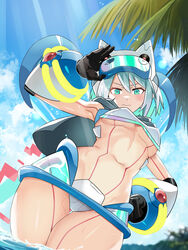  beach bikini blue_eyes blue_hair blue_sky blush breasts closed_mouth cloud cloudy_sky crotch_plate female from_below goggles goggles_on_head ico_(megaman_x_dive) light_blue_hair looking_at_viewer medium_breasts mega_man_(series) mega_man_x_(series) mega_man_x_dive navel ocean official_alternate_costume outdoors palm_leaf palm_tree popo_(popo0cat) robot_girl sky solo standing swimsuit tree underboob wet white_hair 