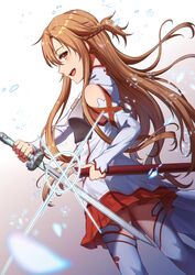  armor asuna_(sao) braid breastplate breasts brown_eyes brown_hair commentary_request detached_sleeves dress er_gou_daoren female half_up_braid holding holding_sheath holding_sword holding_weapon lambent_light long_hair looking_at_viewer looking_to_the_side medium_breasts open_mouth pleated_skirt rapier red_skirt sheath short_ponytail simple_background skirt sleeveless sleeveless_dress smile solo sparkle sword sword_art_online thighhighs unsheathed very_long_hair weapon white_dress white_footwear white_sleeves white_thighhighs 