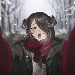  black_hair braid braided_ponytail breasts coat colored_inner_hair demon_horns female gloves hololive hololive_english horns long_hair looking_at_viewer mamarissa mature_female meme mole mole_under_eye multicolored_hair open_mouth pov pov_cheek_warming_(meme) purple_eyes reaching reaching_towards_viewer red_eyes red_hair red_scarf scarf set7 snow snowing solo_focus two-tone_hair virtual_youtuber winter_clothes 