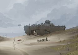  2023 aircraft airplane cloud cross digital_media_(artwork) discreet_user grass grey_sky hi_res hill landscape naval_artillery not_furry outside path plant seaside settlement ship shipping_container shipwreck sky smoke tents tree vehicle water watercraft wooden_post zero_pictured 