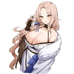  bare_shoulders black_gloves blonde_hair blue_ribbon breasts brown_eyes cleavage closed_mouth coat collarbone commentary cropped_legs female fur-trimmed_coat fur_trim gloves goddess_of_victory:_nikke hair_over_shoulder hair_ribbon hand_up large_breasts long_hair looking_at_viewer ludmilla_(nikke) ludmilla_(winter_owner)_(nikke) marumai off_shoulder official_alternate_costume parted_bangs playing_with_own_hair ribbon sidelocks simple_background smile solo white_background white_coat 