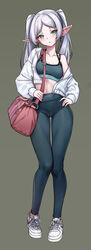  alternate_costume bag birkai breasts brown_background closed_mouth collarbone commentary_request elf female frieren full_body grey_hair highres jacket leggings long_hair medium_breasts midriff navel pointy_ears red_bag shoes shoulder_bag simple_background single_bare_shoulder solo sousou_no_frieren twintails white_footwear white_jacket 