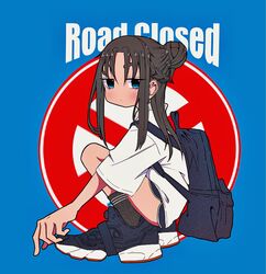  backpack bag blue_background blue_bag blue_eyes braid brown_hair choppy_bangs closed_mouth dolphin_shorts dot_mouth english_text female from_side full_body hair_bun half_updo highres light_blush long_hair looking_at_viewer looking_to_the_side nao97122 no_nose original parted_bangs reebok reebok_pump ribbed_socks road_sign shirt shoes short_shorts short_sleeves shorts sign single_hair_bun sneakers solo squatting white_shirt 