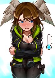  absurdres arms_under_breasts black_bodysuit black_jacket blue_eyes blue_pupils blush bodysuit breast_tattoo breasts brown_hair cleavage cold collarbone crossed_arms eunie_(xenoblade) female glowing_lines green_hoodie head_wings highres hood hoodie jacket large_breasts leather leather_jacket nervous_sweating oniisan02b raised_eyebrow solo sweat tattoo temperature trembling white_wings wings xenoblade_chronicles_(series) xenoblade_chronicles_3 