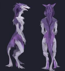  2020 akrolayn ambiguous_gender anthro arm_tuft barefoot biped countershading digital_media_(artwork) digital_painting_(artwork) digitigrade feet full-length_portrait fur hi_res mammal multicolored_body multicolored_fur neck_tuft nude open_mouth portrait purple_body purple_fur purple_neck purple_tail rear_view sergal shaded shoulder_tuft side_view smile solo standing tail tail_tuft tuft two_tone_body two_tone_fur white_body white_countershading white_fur white_tail 