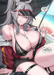  :q absurdres arknights bad_id bad_pixiv_id bare_shoulders beach bikini black_bikini black_shorts blush breasts cleavage closed_mouth collarbone english_text female grey_hair heart highres horns jacket kanta_(kanta_077) large_breasts long_hair matoimaru_(arknights) navel off_shoulder open_clothes open_jacket outdoors pointy_ears ponytail red_eyes red_jacket short_shorts shorts sidelocks sitting solo speech_bubble swimsuit thigh_strap thighs tongue tongue_out visor_cap 