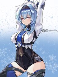  arms_up artist_name black_hairband black_shorts blue_hair blue_necktie breasts commentary cowboy_shot eula_(genshin_impact) female genshin_impact gloves hair_between_eyes hair_ornament hairband high-waist_shorts highres instagram_logo instagram_username kamiiart large_breasts long_sleeves looking_at_viewer medium_hair necktie shirt shorts smile solo standing thighhighs thighs twitter_logo twitter_username white_shirt yellow_eyes 