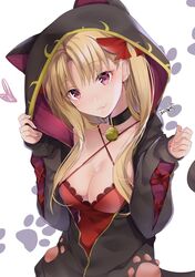  akatsuki_hijiri alternate_costume animal_ear_hood animal_ears bell black_choker black_jacket blonde_hair blush bow breasts camisole cat_ears choker cleavage closed_mouth collarbone commentary commission criss-cross_halter ereshkigal_(fate) eyelashes eyes_visible_through_hair fake_animal_ears fate/grand_order fate_(series) female frilled_camisole frills hair_over_shoulder hairbow halterneck hands_up head_tilt heart hood hood_up hooded_jacket jacket jingle_bell large_breasts long_hair looking_at_viewer neck_bell oerba_yun_fang parted_bangs partially_unzipped paw_print red_bow red_camisole red_eyes signature simple_background skeb_commission skin_fang sleeves_past_wrists smile solo two_side_up upper_body white_background zipper 