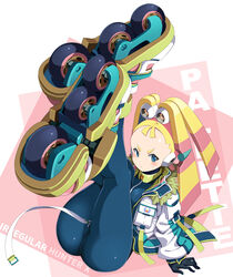  absurdres android aqua_bodysuit arm_support ass black_gloves blonde_hair blue_eyes bodysuit breasts closed_mouth commentary_request female frown full_body fur-trimmed_jacket fur_trim gloves highres inline_skates jacket legs_up long_hair long_sleeves looking_at_viewer mega_man_(series) mega_man_x_(series) open_clothes open_shirt pallette_(mega_man) robot_ears roller_skates sitting skates small_breasts solo twintails white_jacket zelitto 