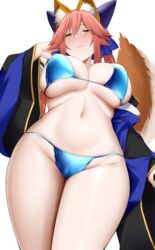  absurdres animal_ear_fluff animal_ears arind_yudha bare_shoulders bikini blue_bikini blue_bow bow breasts cleavage closed_mouth detached_sleeves fate/extra fate/grand_order fate_(series) female fox_ears fox_girl fox_tail hair_between_eyes hairbow highres large_breasts long_hair looking_at_viewer navel pink_hair sidelocks solo swimsuit tail tamamo_(fate) tamamo_no_mae_(fate/extra) thighs twintails wide_sleeves yellow_eyes 