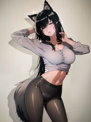  :o absurdres ai-assisted alternate_costume animal_ear_fluff animal_ear_piercing animal_ears arched_back arknights arm_behind_head arm_up artist_name black_eyeliner black_hair black_pantyhose blush breasts bright_pupils cameltoe cleavage commentary_request contrapposto cowboy_shot crop_top cropped_shirt cursive double-parted_bangs drop_shadow english_commentary expressionless eyelashes eyeliner facing_viewer female film_grain from_side gradient_eyes grey_shirt grey_tail groin hair_between_eyes hair_flowing_over hand_in_own_hair hand_up hatching_(texture) highres lattekoi5252 linear_hatching lips lipstick long_hair long_sleeves looking_afar looking_to_the_side makeup medium_breasts midriff multicolored_eyes navel open_hand palms pantyhose parted_lips pink_lips puffy_long_sleeves puffy_sleeves purple_eyes shade shadow shiny_clothes shiny_legwear shiny_skin shirt shirt_rolled_up sideways_glance signature single_sidelock solo sparkle spotlight standing stomach straight_hair tail teeth texas_(arknights) thighs toned two-tone_eyes very_long_hair wall wallpaper_(object) white_pupils wolf_ears wolf_girl wolf_tail yellow_eyes 