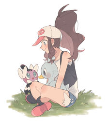  baseball_cap black_vest boots brown_hair closed_mouth commentary_request ducklett female gothita grass hat high_ponytail highres hilda_(pokemon) hime_(himetya105) long_hair looking_down open_clothes open_vest pokemon pokemon_(creature) pokemon_bw shirt short_shorts shorts sidelocks sitting sleeveless sleeveless_shirt smile vest white_background white_headwear white_shirt 