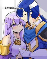  1boy bare_shoulders breasts brother_and_sister circlet closed_eyes female fire_emblem fire_emblem:_genealogy_of_the_holy_war headband holding holding_hands implied_incest incest julia_(fire_emblem) long_hair ponytail purple_eyes purple_hair seliph_(fire_emblem) siblings simple_background white_headband yukia_(firstaid0) 