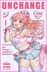  accessories bandages breasts brown_eyes character_name copyright_name cover crop_top english_text excited fake_magazine_cover female gina_(undead_unluck) gintoeki gyaru hair_ornament happy heart_stickers highres leg_warmers long_hair magazine_cover midriff oerba_yun_fang open_mouth pink_footwear pink_hair pink_leg_warmers pink_nails ponytail skirt small_breasts star_sticker sticker thighhighs thighs twitter_username undead_unluck v 