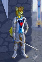  2023 5_fingers annoyed anthro armor banner black_nose blue_eyes blue_scarf bottomwear brazier brown_armor brown_bottomwear brown_clothing brown_pants canid canine canis clothing codpiece countershade_tail countershading day detailed_background dialogue_in_description eyebrows facial_markings fingers fire fox fur glint grey_armor hair hand_on_hip head_markings heart_clothing heart_symbol hi_res holding_melee_weapon holding_object holding_sword holding_weapon hybrid inner_ear_fluff inside light light_beam looking_at_viewer male mammal markings medieval_armor melee_weapon muzzle_(marking) narrowed_eyes orange_eyebrows orange_hair pants pauldron plantigrade red_heart reiver93 reiver_valentine scarf shaded shadow signature snout snout_markings solo spiky_hair standing stone_floor stone_wall sunbeam sunlight sword tail tan_body tan_fur tan_inner_ear tan_inner_ear_fluff tuft wall_(structure) weapon whisker_spots white_scarf window wolf yellow_body yellow_fur 