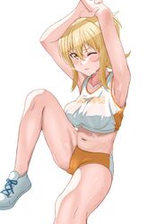  armpits arms_up blonde_hair blush breasts breath buruma collarbone commentary commission crop_top female gym_uniform highres leg_up looking_at_viewer love_live! love_live!_nijigasaki_high_school_idol_club medium_breasts midriff miyashita_ai navel one_eye_closed parted_lips pixiv_commission pokehikaxyz ponytail shadow shoes sidelighting simple_background sitting stairs steam steaming_body sweat thighs track_and_field white_background yellow_eyes 