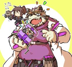  anthro belly belt blush box brown_hair clothing coat container duo eyewear gift_box goggles hair human lab_coat lifewonders live_a_hero male mammal moobs okudami overweight overweight_male ponytail procyonid raccoon topwear viscunam 