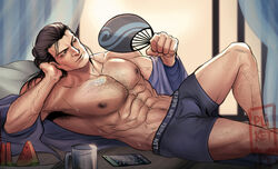  1boy abs absurdres armpit_hair armpit_peek bara bi-han black_male_underwear boxers bulge elbow_rest feet_out_of_frame from_side hand_fan highres knee_up large_pectorals male_focus male_underwear male_underwear_peek mature_male mortal_kombat_(series) mortal_kombat_1_(2023) muscular muscular_male navel navel_hair nipples on_bed paid_reward_available paper_fan pectorals solo sparse_chest_hair sparse_leg_hair stomach sub-zero sweat tazahan thick_eyebrows topless_male uchiwa underwear very_sweaty watching_television 