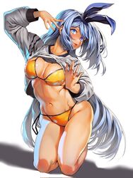  bae_minah_(chaesu) barefoot bikini bikini_under_clothes blue_eyes blue_hair blue_hairband borrowed_character bow_hairband breasts cleavage clothes_lift commentary english_commentary female fingernails full_body gift_art grey_sweater hair_intakes hairband highres kneeling legs_together lifting_own_clothes lips long_hair looking_at_viewer medium_breasts navel nose original photo-referenced smile solo sweater sweater_lift swimsuit tan the_white_box_studio toned underboob very_long_hair white_background yellow_bikini 