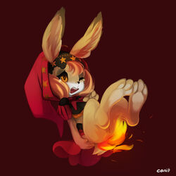  1:1 3_toes anthro ass barefoot bodily_fluids bottomless brown_body brown_fur burning butt_on_fire clothed clothing digital_media_(artwork) dress feet female fire fur hair hand_on_butt hi_res hindpaw hood lagomorph leporid mammal multicolored_body multicolored_fur odin_sphere orange_hair pain paws pooka quinto rabbit scut_tail short_tail soles solo tail tan_body tan_fur tears toes two_tone_body two_tone_fur vanillaware velvet_(odin_sphere) 