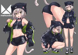  :o absurdres ass beanie bent_over black_jacket black_shorts black_sports_bra bob_cut breasts cat_day cat_girl cat_tail choker contrapposto dolphin_shorts female green_eyes grey_background grey_hair hat highres hood hood_up hooded_jacket ivan_wang jacket looking_at_viewer multiple_views navel oerba_yun_fang off_shoulder original shoes short_shorts shorts simple_background small_breasts sneakers sports_bra squatting stomach tail 