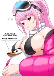  ... :&lt; absurdres bare_shoulders bikini bird black_bikini blue_archive breast_rest breasts breasts_on_head caiman_pool closed_mouth commentary crossover eimi_(blue_archive) eimi_(swimsuit)_(blue_archive) english_commentary english_text female goggles goggles_on_head highres jacket large_breasts long_hair long_sleeves looking_down madagascar_(series) off_shoulder official_alternate_costume open_clothes open_jacket padded_jacket penguin pink_eyes pink_hair pink_jacket ponytail scarf simple_background ski_goggles skipper_(madagascar) speech_bubble swimsuit white_background white_scarf 