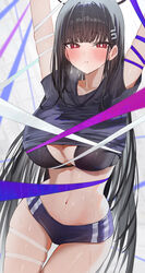  absurdres alternate_costume arms_up black_bra black_hair black_shirt blue_archive blue_buruma blush bra breasts breath bright_pupils buruma cleavage female gym_uniform halo hidulume highres large_breasts long_hair looking_at_viewer navel red_eyes restrained rio_(blue_archive) shirt skindentation solo stomach sweat too_many_ribbons underwear white_pupils 