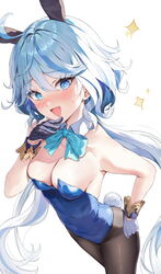  ahoge alternate_costume animal_ears asymmetrical_gloves bare_arms bare_shoulders black_gloves black_pantyhose blue_bow blue_bowtie blue_eyes blue_hair blue_leotard blush bow bowtie breasts cleavage cowboy_shot detached_collar fake_animal_ears female furina_(genshin_impact) furrowed_brow genshin_impact gloves hair_between_eyes heterochromia huwari_(dnwls3010) leotard light_blue_hair long_hair looking_at_viewer medium_breasts mismatched_gloves multicolored_hair open_mouth pantyhose rabbit rabbit_ears rabbit_tail sidelocks simple_background solo sparkle standing streaked_hair sweatdrop tail thighs two-tone_hair white_background white_gloves white_hair 