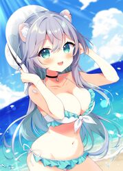  :d absurdres animal_ear_fluff animal_ear_piercing animal_ears aoi_yun aone_ioru aqua_bikini aqua_eyes aqua_hair beach bikini black_choker blue_sky blurry blurry_background blush breasts choker cleavage cloud collarbone colored_inner_hair commentary_request commission contrapposto cowboy_shot crossed_bangs day female frilled_bikini frills glint grey_hair groin hair_between_eyes hamster_ears hamster_girl hands_up hat highres holding holding_clothes holding_hat indie_virtual_youtuber jewelry long_hair looking_at_viewer medium_breasts multicolored_hair navel ocean open_mouth outdoors pendant_choker second-party_source side-tie_bikini_bottom skeb_commission sky smile solo sparkle standing sunlight swimsuit teeth unworn_hat unworn_headwear upper_teeth_only variant_set virtual_youtuber water white_bikini white_hat 