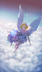  above_clouds ahoge bare_shoulders blonde_hair bracelet breasts closed_mouth cloud collarbone dated dress feathered_wings female flying full_body glowing glowing_eyes happy_birthday highres idolmaster idolmaster_cinderella_girls jewelry medium_breasts mirin_chikuwa musical_note off-shoulder_dress off_shoulder smile solo toes umeki_otoha white_dress white_wings wings 