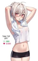  armpits arms_up black_shorts blush breasts commentary crossed_bangs english_commentary english_text female glasses grey_hair hair_between_eyes hair_tie_in_mouth hands_in_hair highres indie_virtual_youtuber looking_at_viewer medium_breasts medium_hair meme mouth_hold navel red_eyes saruei saruei_(vtuber) self-portrait shirt short_shorts shorts simple_background sleeveless solo stomach twitter_strip_game_(meme) tying_hair virtual_youtuber white_background white_shirt 